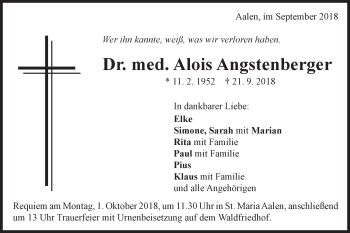 Traueranzeige von Alois Angstenberger von Schwäbische Post