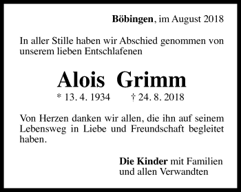 Traueranzeige von Alois Grimm von Gmünder Tagespost