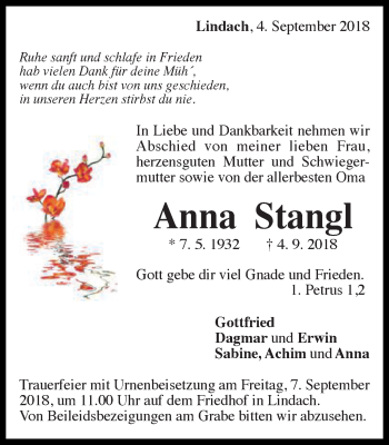 Traueranzeige von Anna Stangl von Gmünder Tagespost