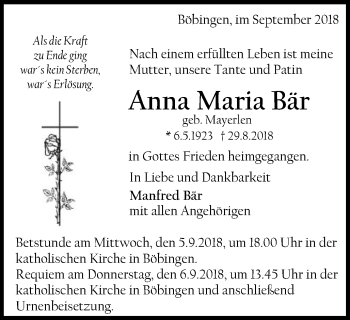 Traueranzeige von Anna Maria Bär von Gmünder Tagespost
