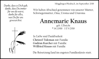 Traueranzeige von Annemarie Knaus von Gmünder Tagespost