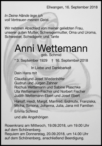 Traueranzeige von Anni Wettemann von Schwäbische Post