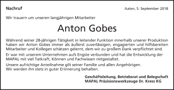 Traueranzeige von Anton Gobes von Schwäbische Post