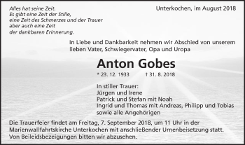 Traueranzeige von Anton Gobes von Schwäbische Post