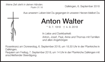 Traueranzeige von Anton Walter von Schwäbische Post