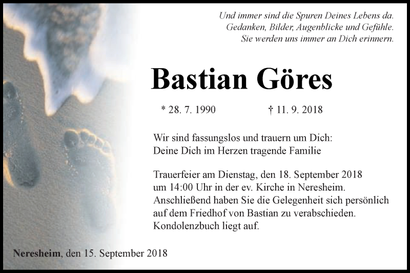  Traueranzeige für Bastian Göres vom 15.09.2018 aus Schwäbische Post