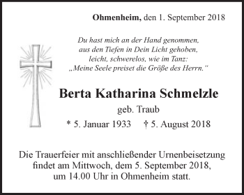 Traueranzeige von Berta Katharina Schmelzle von Schwäbische Post