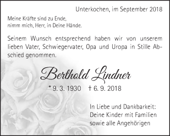 Traueranzeige von Berthold Lindner von Schwäbische Post