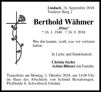 Traueranzeige von Berthold Wähmer