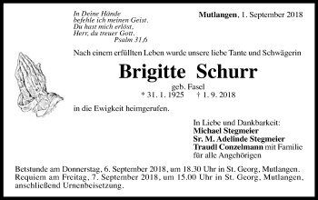Traueranzeige von Brigitte Schurr