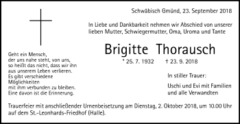 Traueranzeige von Brigitte Thorausch von Gmünder Tagespost