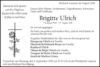 Traueranzeige von Brigitte Ulrich von Gmünder Tagespost