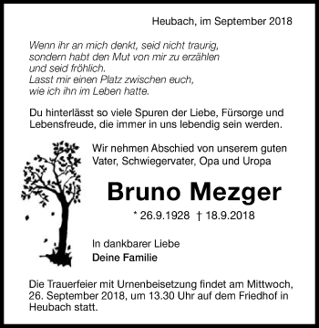Traueranzeige von Bruno Mezger von Gmünder Tagespost