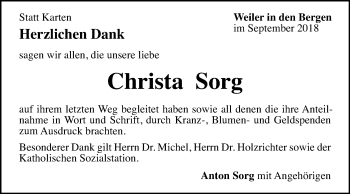 Traueranzeige von Christa Sorg von Gmünder Tagespost