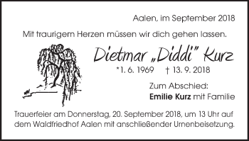 Traueranzeige von Dietmar Kurz von Schwäbische Post