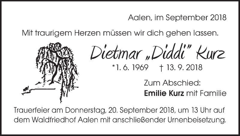  Traueranzeige für Dietmar Kurz vom 17.09.2018 aus Schwäbische Post