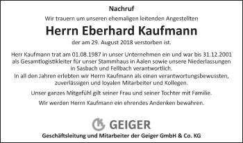 Traueranzeige von Eberhard Kaufmann von Schwäbische Post