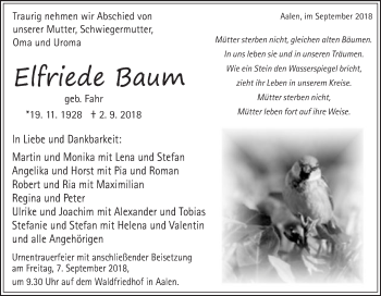 Traueranzeige von Elfriede Baum von Schwäbische Post