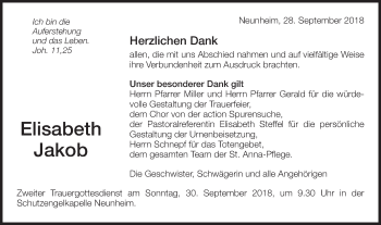 Traueranzeige von Elisabeth Jakob von Schwäbische Post