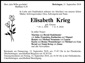 Traueranzeige von Elisabeth Krieg von Gmünder Tagespost