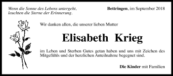 Traueranzeige von Elisabeth Krieg von Gmünder Tagespost