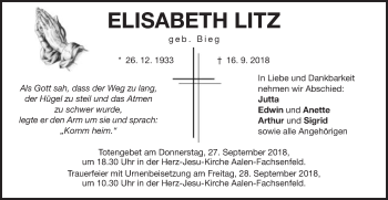 Traueranzeige von Elisabeth Litz von Schwäbische Post