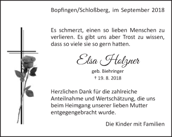 Traueranzeige von Elsa Holzner von Bopfinger Stadtanzeiger