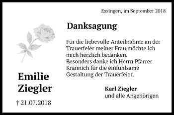 Traueranzeige von Emilie Ziegler von Schwäbische Post