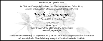 Traueranzeige von Erich Wanninger von Schwäbische Post
