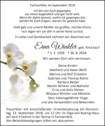 Traueranzeige von Erna Winkler von Schwäbische Post