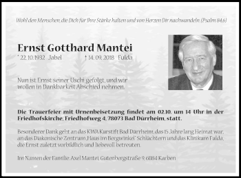Traueranzeige von Ernst Gotthard Mantel von Schwäbische Post
