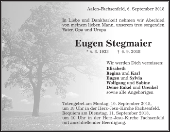Traueranzeige von Eugen Stegmaier von Schwäbische Post