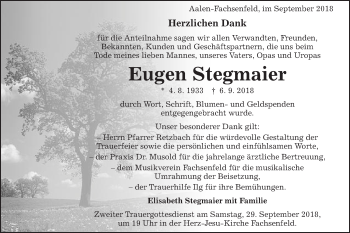 Traueranzeige von Eugen Stegmaier von Schwäbische Post
