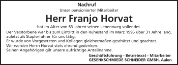 Traueranzeige von Franjo Horvat von Schwäbische Post