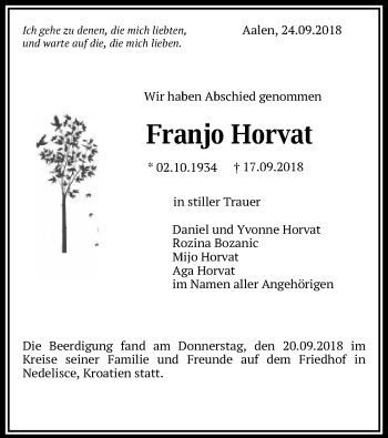 Traueranzeige von Franjo Horvat von Schwäbische Post