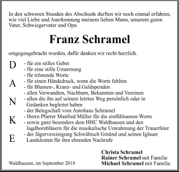 Traueranzeige von Franz Schramel von Gmünder Tagespost