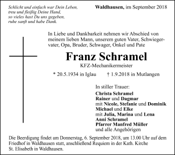 Traueranzeige von Franz Schramel von Gmünder Tagespost