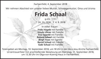 Traueranzeige von Frida Schaal von Schwäbische Post