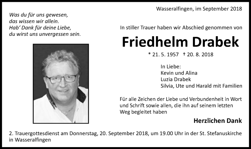  Traueranzeige für Friedhelm Drabek vom 17.09.2018 aus Schwäbische Post