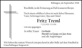 Traueranzeige von Fritz Treml von Gmünder Tagespost