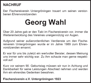 Traueranzeige von Georg Wahl von Kocher-Lein-Bote