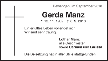 Traueranzeige von Gerda Manz von Schwäbische Post