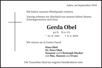 Traueranzeige von Gerda Obel von Schwäbische Post