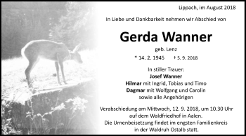 Traueranzeige von Gerda Wanner von Schwäbische Post