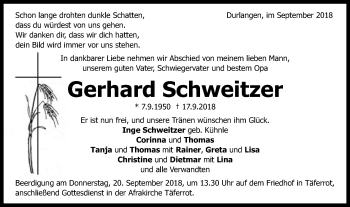Traueranzeige von Gerhard Schweitzer von Gmünder Tagespost