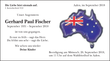 Traueranzeige von Gerhard Paul Fischer von Schwäbische Post