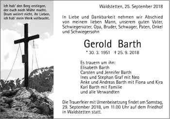 Traueranzeige von Gerold Barth