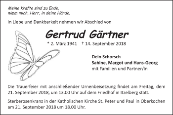Traueranzeige von Gertrud Gärtner von Schwäbische Post