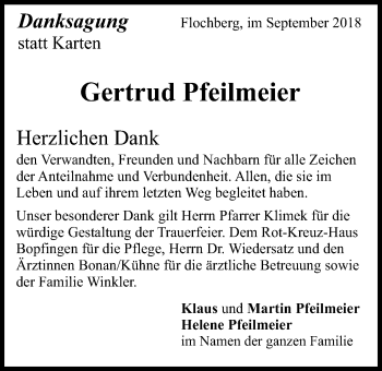 Traueranzeige von Gertrud Pfeilmeier von Schwäbische Post