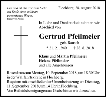 Traueranzeige von Gertrud Pfeilmeier von Schwäbische Post